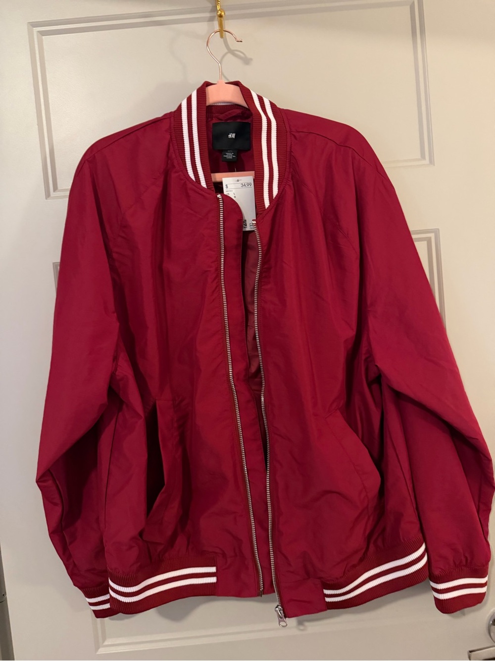 H&M Men’s Red Bomber Jacket with White Striped Trim